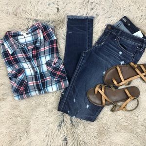 Flannel Button Down Collard Long Sleeve Top